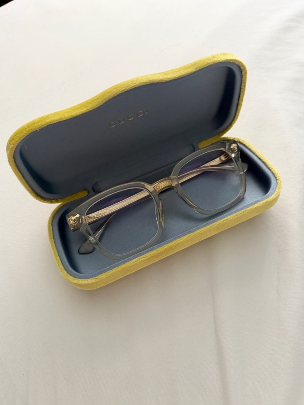 Gucci Women's Transparent Gray Square Glasses with Gold Accents